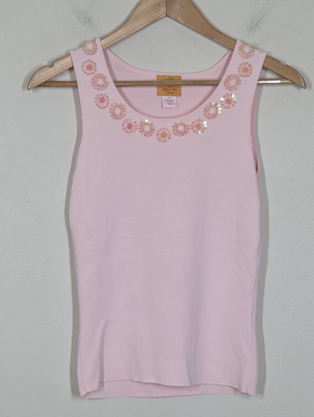 Ruby Rd Pastel Pale Pink Knit Tank Sequin Beaded PS Fairy Coquette Embellished